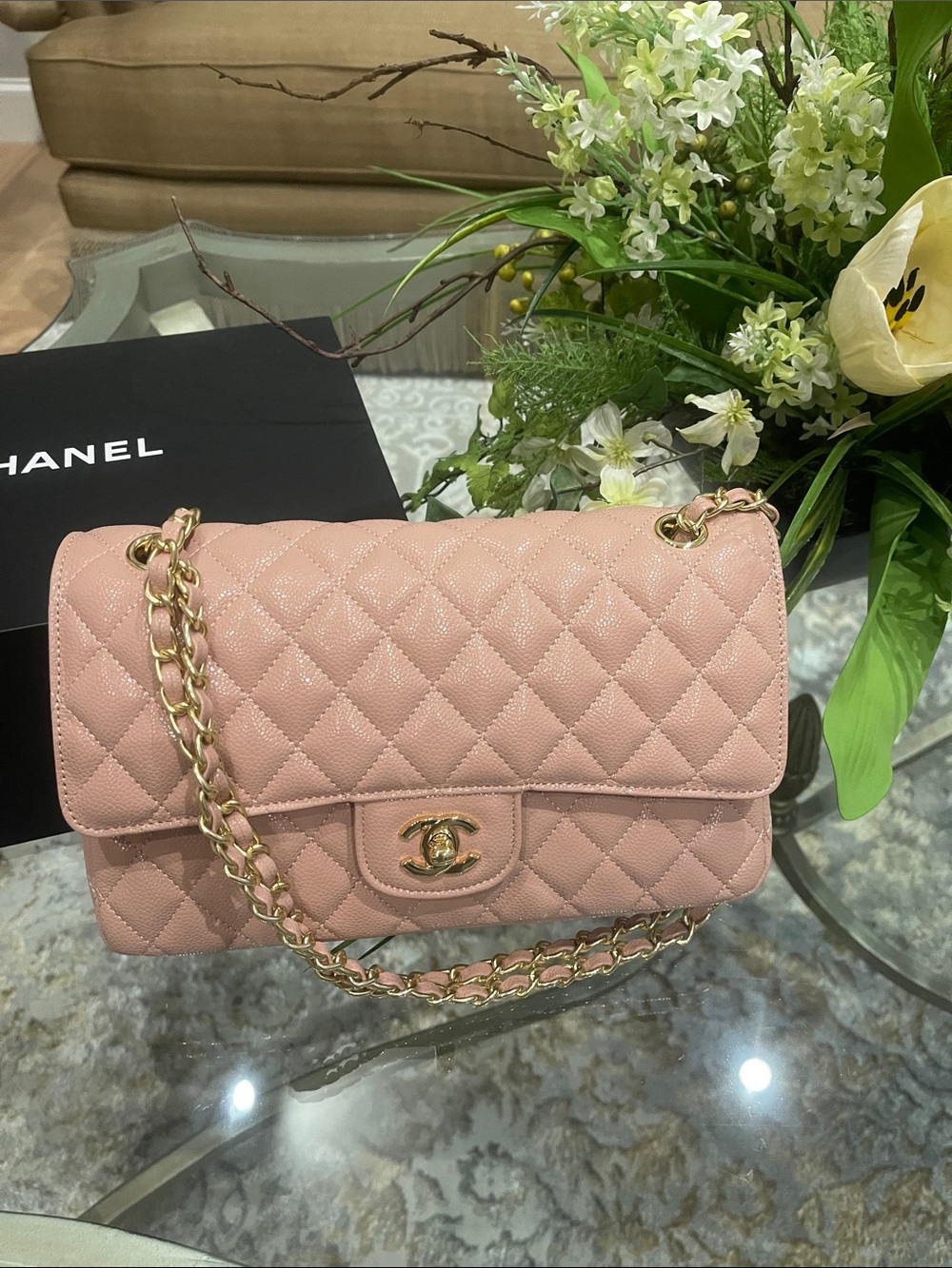 Designer Inspired Blush Pink Quilted Shoulder Bag with Gold Chain